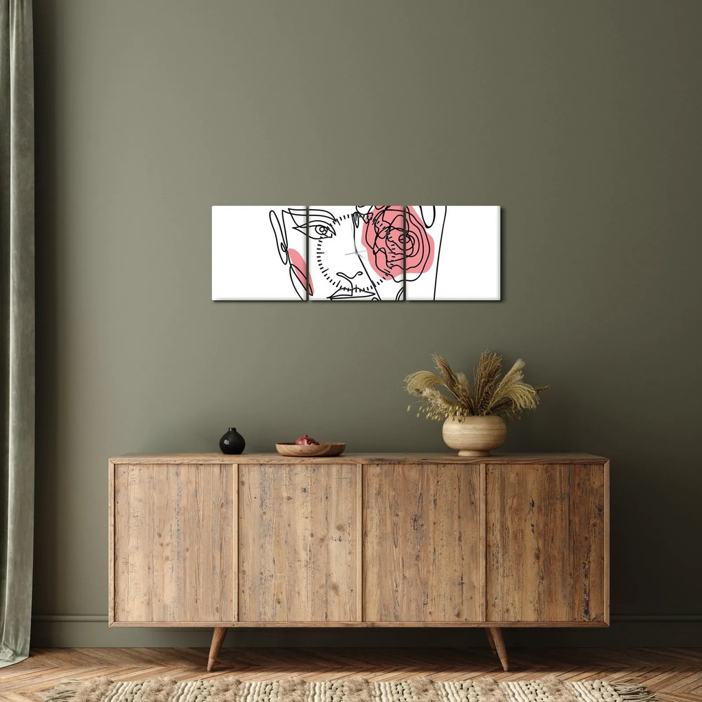 Obraz - Line art tvár s ružou (s hodinami) (90x30 cm)