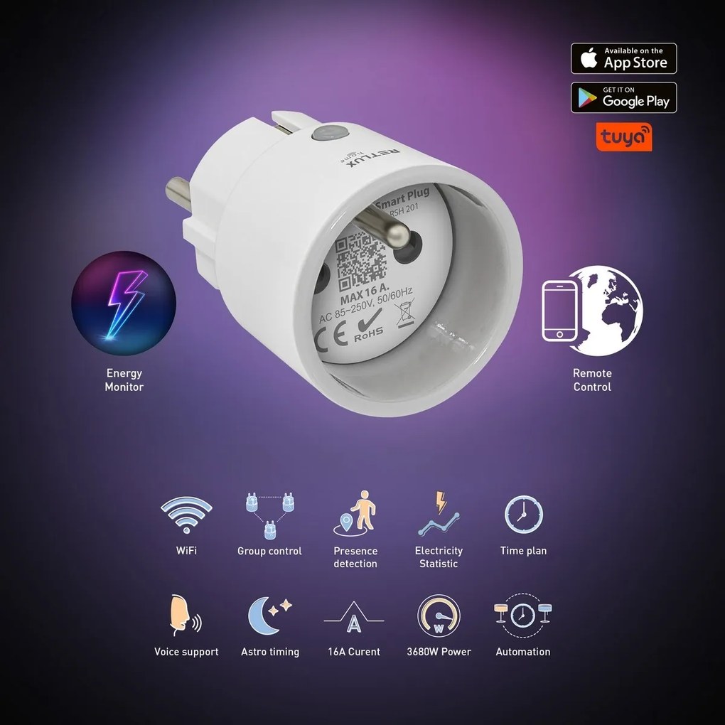 Retlux RSH 201 Inteligentná zásuvka s Wi-Fi a Bluetooth pripojením