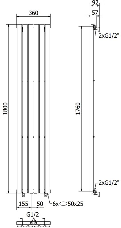 Mexen Oregon, vykurovacie teleso 1800 x 360 mm, 604 W, čierna, W202-1800-350-00-70