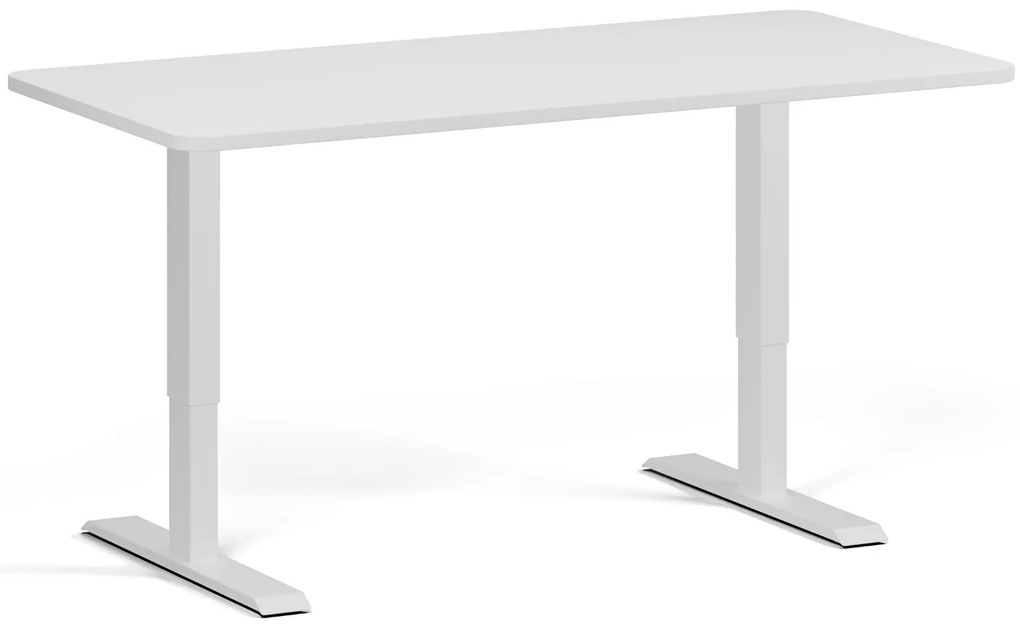 Výškovo nastaviteľný stôl, 160x80 cm, 1 motor, zaoblené rohy, biela podnož, biela