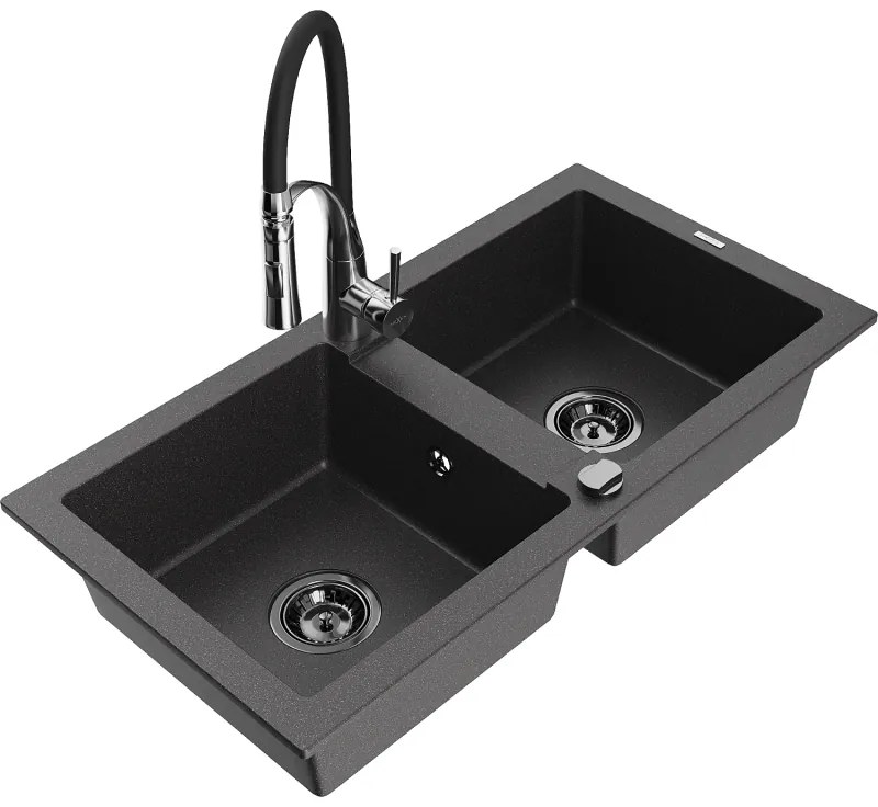 Mexen Mario, granitový drez 820x436x161 mm, 2-komorový a drezová batéria Aster, čierna škvrnitá, 6504-76-73450-07-B