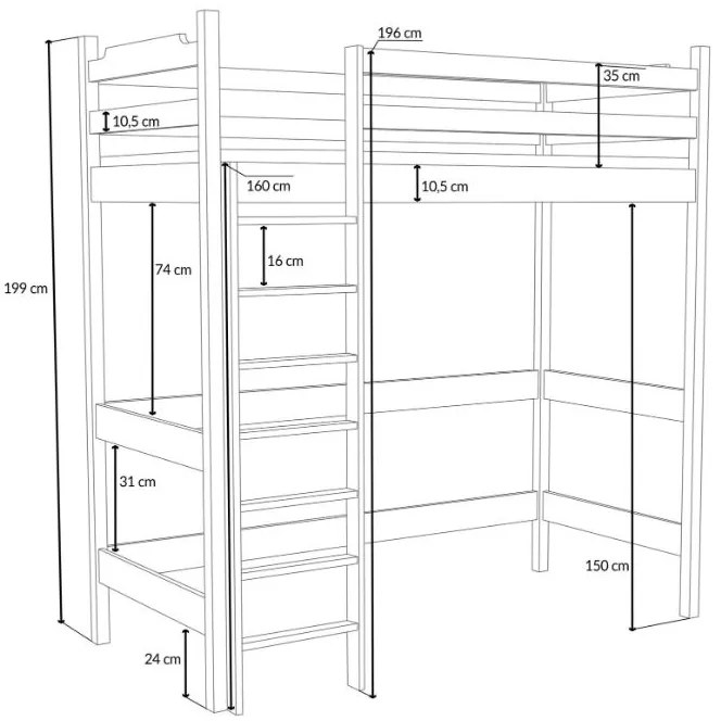 Detská vyvýšená posteľ z masívu borovice TEXAS - 200x90 cm - BIELA