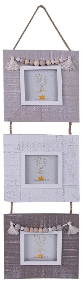 Drevený nástenný fotorám s bielou patinou Woodia na 3 fotky - 14*1*58 cm / 7*7 cm (3)