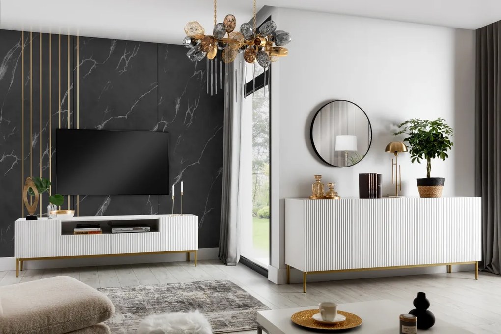 TV stolík Nicole 200 cm s otvorenou policou a zásuvkami - biely mat / zlaté nohy