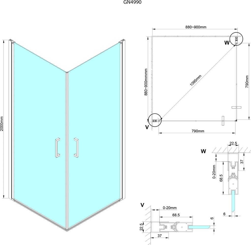 Gelco Gelco, LORO štvorcová sprchová zástena 900x900 mm, rohový vstup, GN4990-01