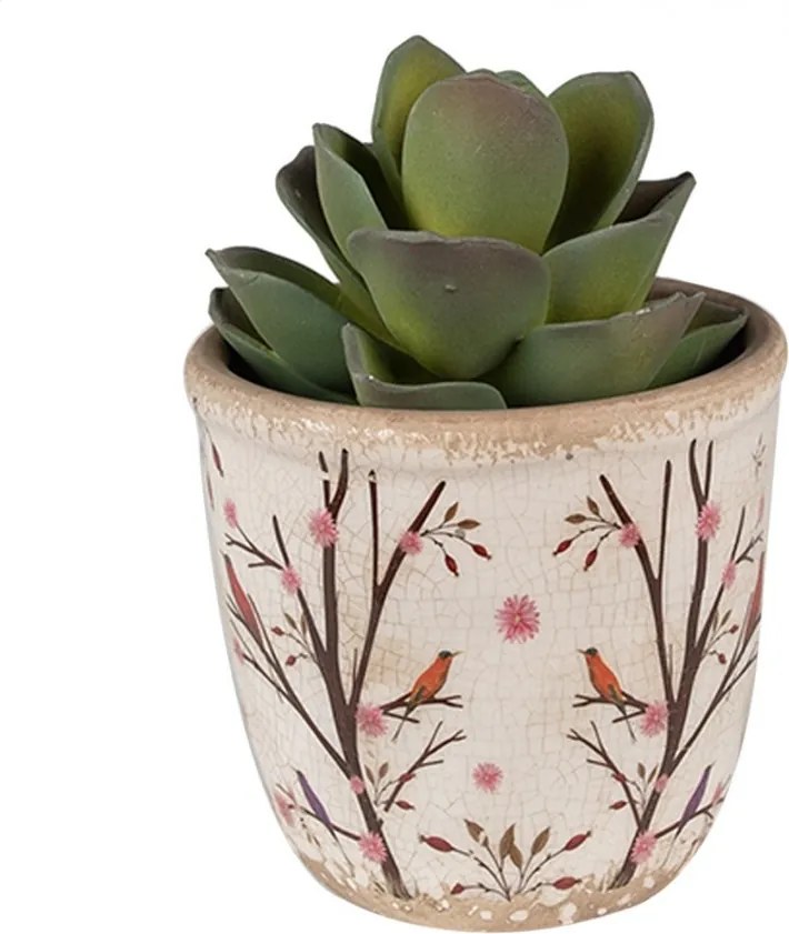 Béžový keramický obal na kvetináč s kvetmi a vtáčikmi Birdie XS - Ø 11*10 cm