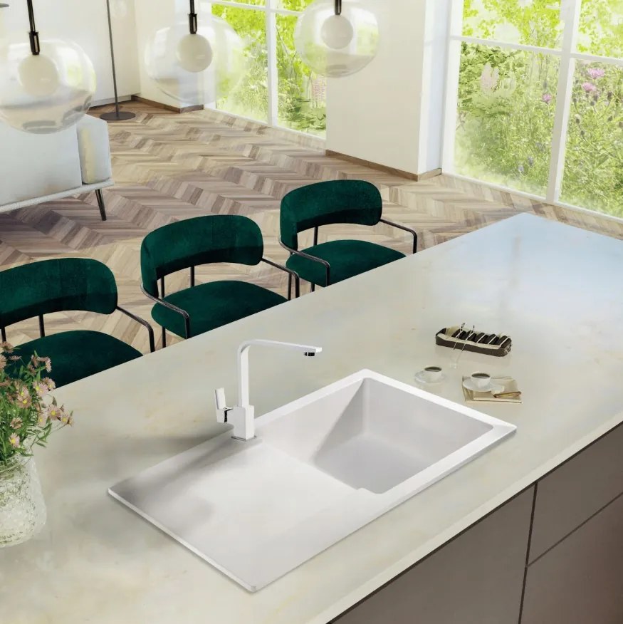 Sink Quality Ferrum, kuchynský granitový drez 770x450x190 mm + zlatý sifón, biela, SKQ-FER.W.1KDO.XG