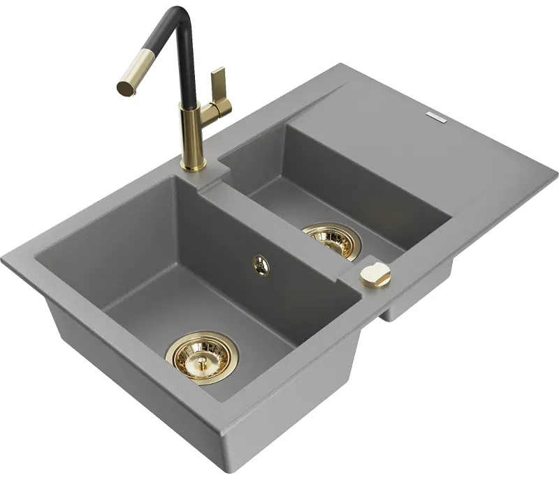 Mexen Gaspar, 1,5-komorový granitový drez 737x475x177 mm a drezová batéria Flora, šedá, 6507-71-670401-57-G