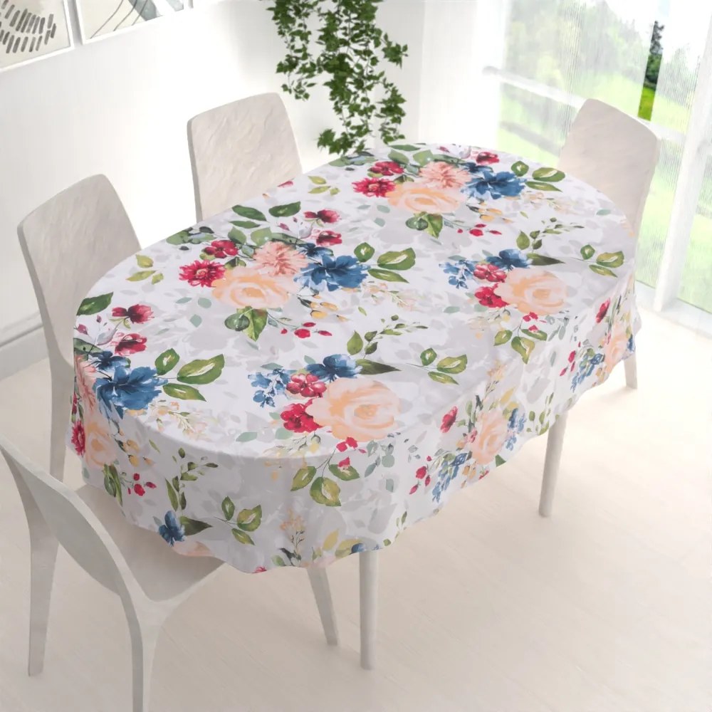 Biante Bavlnený oválny obrus Sandra SA-387 Veľké žlté a modré kvety na bielom 140x160 cm