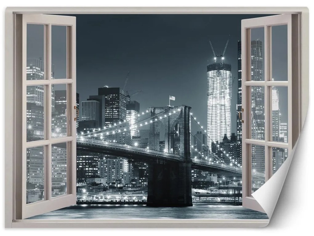 Fototapeta, Okno s pohledem na New York Brooklynský most černá bílá - 140x100 cm