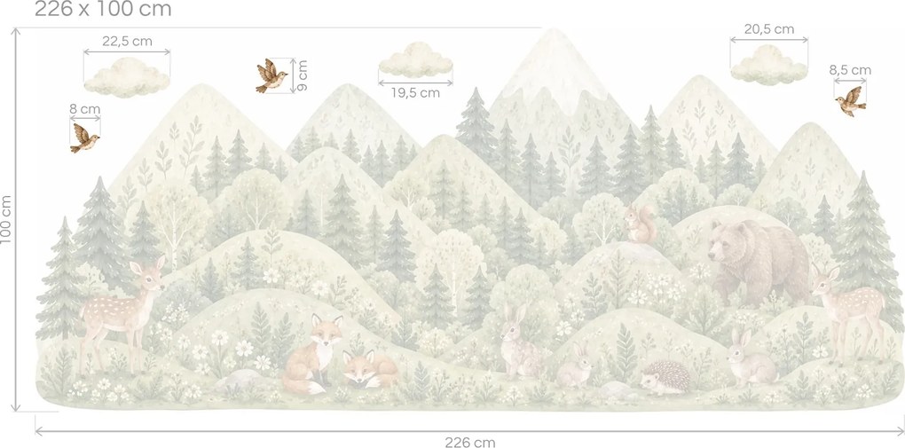 Zelené hory so zvieratkami horské akvarelové nálepky za posteľ na stenu hárok 46 x 20 cm