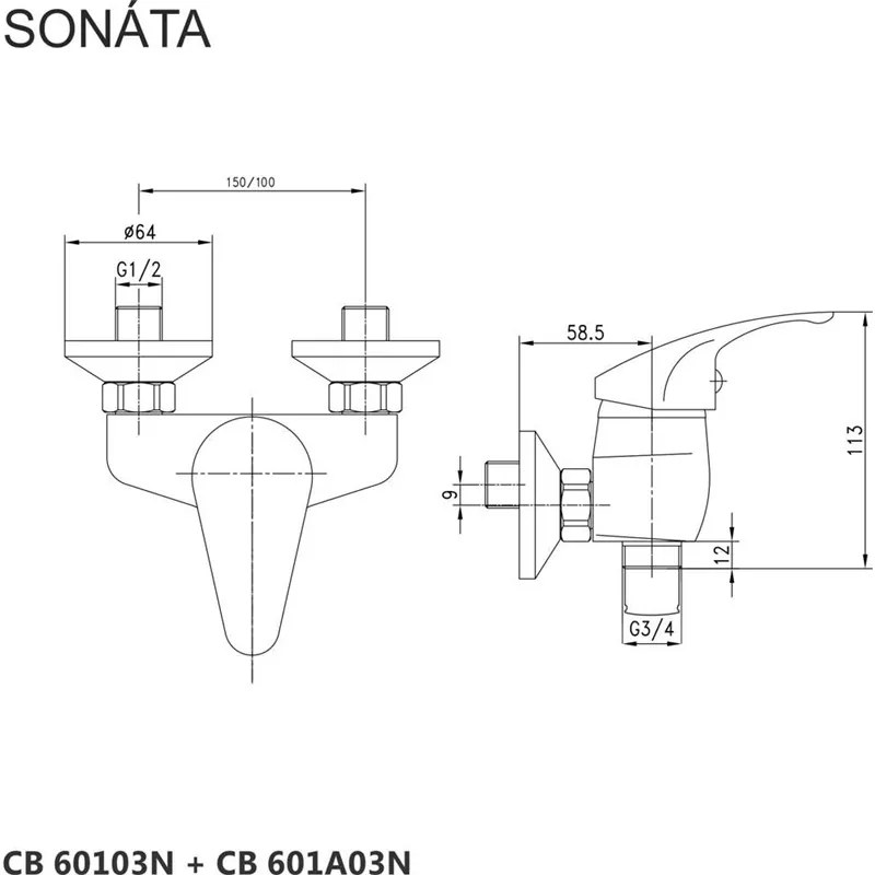 Mereo, Sprchová súprava Sonáta a sprchová batéria Sonáta 100 mm, MER-CB609A