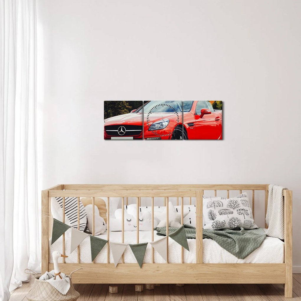 Obraz - červený Mercedes (s hodinami) (90x30 cm)
