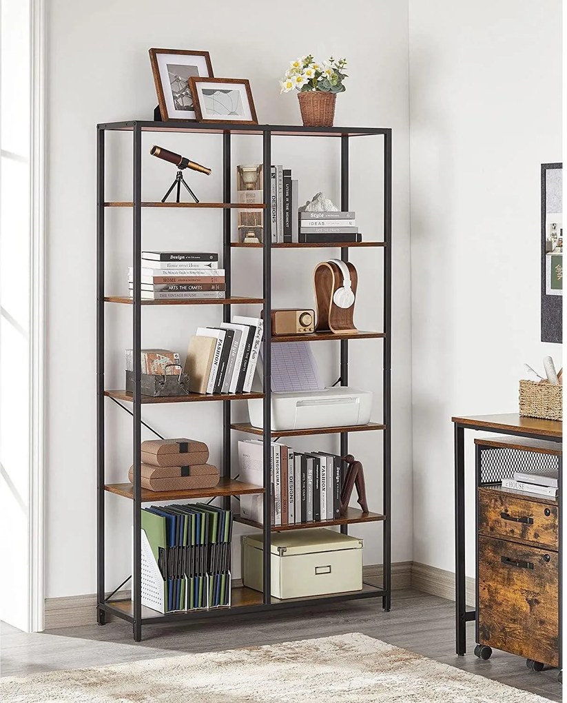 Úložný regál s oceľovým rámom 5-úrovňový, knižnica, rustikálny hnedý