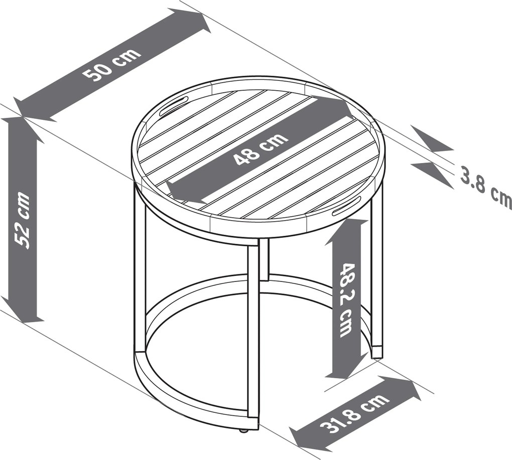 2 záhradné odkladacie stolíky s odnímateľnými podnosmi, Ø cca 40 cm a 50 cm