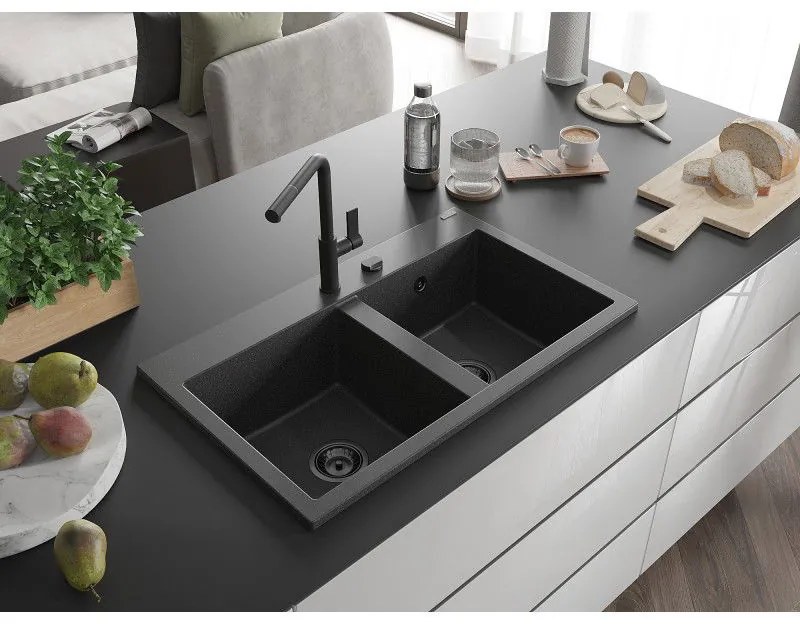 Mexen Hektor, 2-komorový granitový drez 800x480x205 mm, čierna škvrnitá, grafitový sifón, 6521802000-76-B