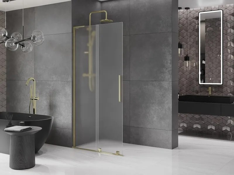 Mexen Velar L, posuvná sprchová zástena Walk-in 90 x 200 cm, 8mm sklo námraza, zlatá lesklá, 871-090-003-33-50