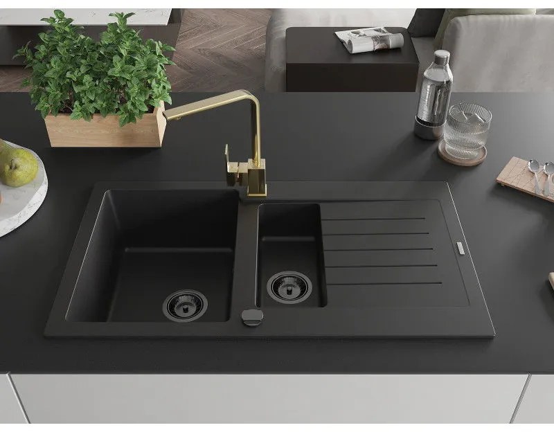Mexen Matias, granitový drez 900x505x200 mm, 1,5-komorový a zlatá batéria Rita, čierna, 6502-77-670300-50-B