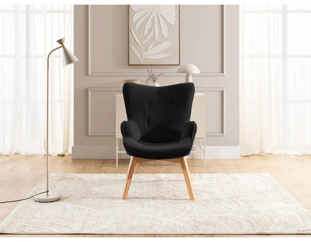 Čierne menčestrové kreslo s podnožkou Niko – Ropez