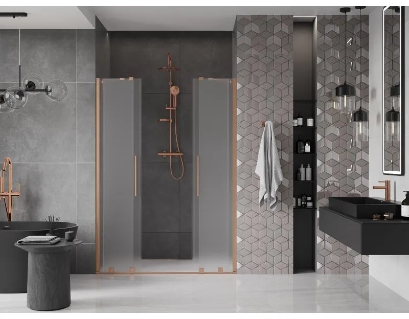 Mexen Velar Duo, posuvné sprchové dvere do otvoru 150 cm, 8mm sklo námraza, medená matná, 871-150-000-32-65