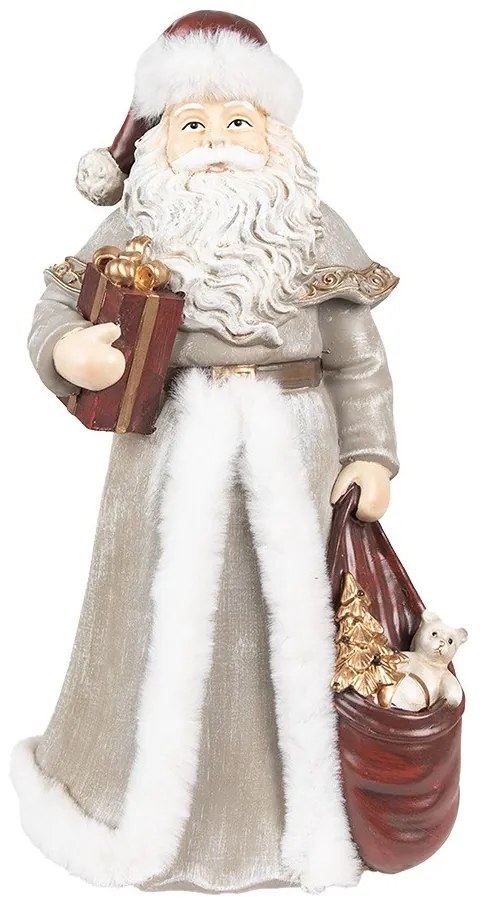 Vianočné dekorácie socha Santa v šedom kabátiku a darčeky - 16*16*31 cm