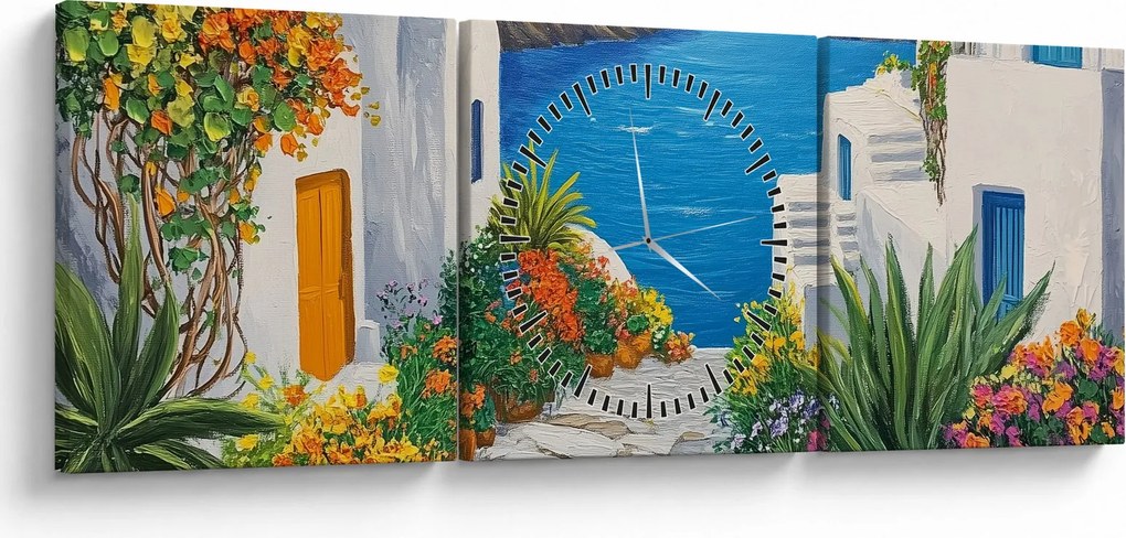 Obraz - Grécka ulička (s hodinami) (90x30 cm)