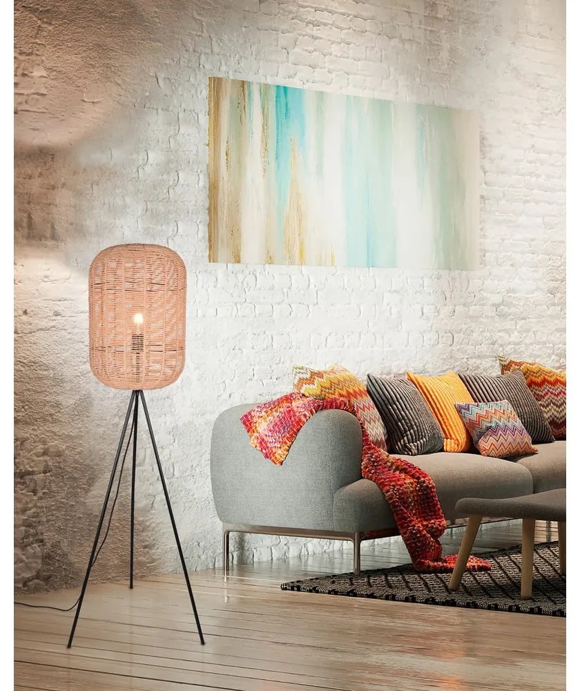 Béžová stojacia lampa s tienidlom z prútia a textilu (výška 150 cm) Runa – Trio