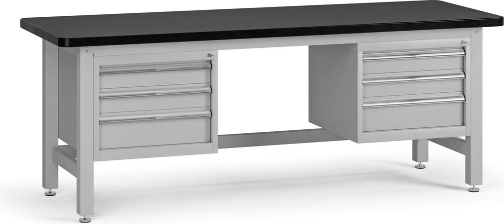 Pracovný stôl do dielne G4 s 2 závesnými boxami na náradie, MDF + PVC doska, 6 zásuviek, 2100 x 750 x 800 mm, sivá