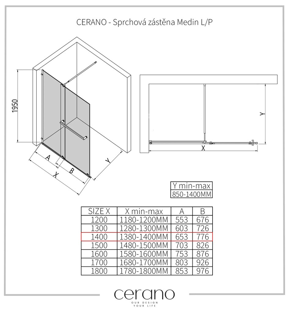 Cerano Medin, 2-dielna posuvná sprchová zástena 140x195, 8mm číre sklo, čierna matná, CER-CER-478015