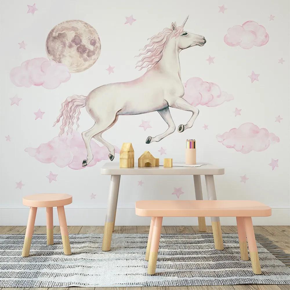 Gario Detská nálepka na stenu Pastelový jednorožec, obláčiky, mesiac a hviezdičky Farba: Ružová