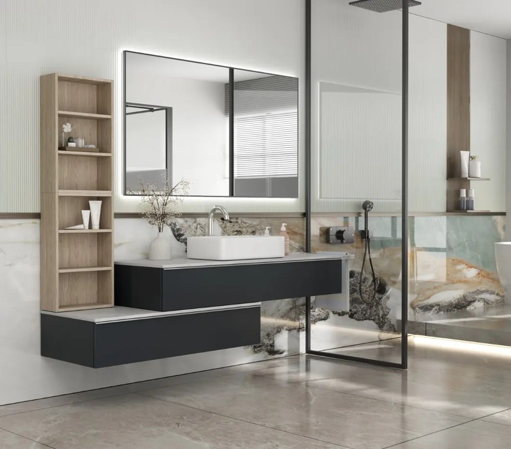 Erga Megan, LED zrkadlo 140x80cm v čiernom ráme, 3335 lm, 3 farby svetla, zadné osvetlenie, ERG-V01-MEGAN-1480-BK