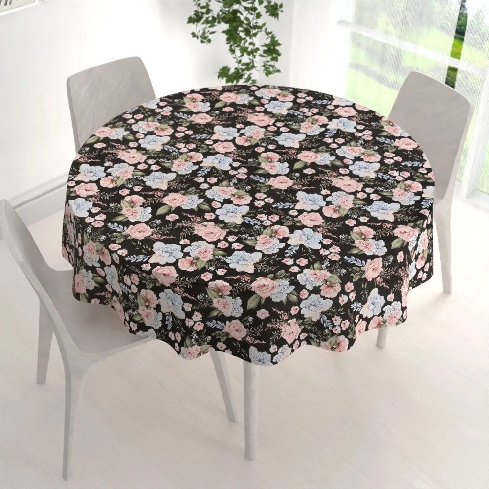 Biante Bavlnený okrúhly obrus Sandra SA-449 Modro-ružové kvety na čiernom Ø 40 cm