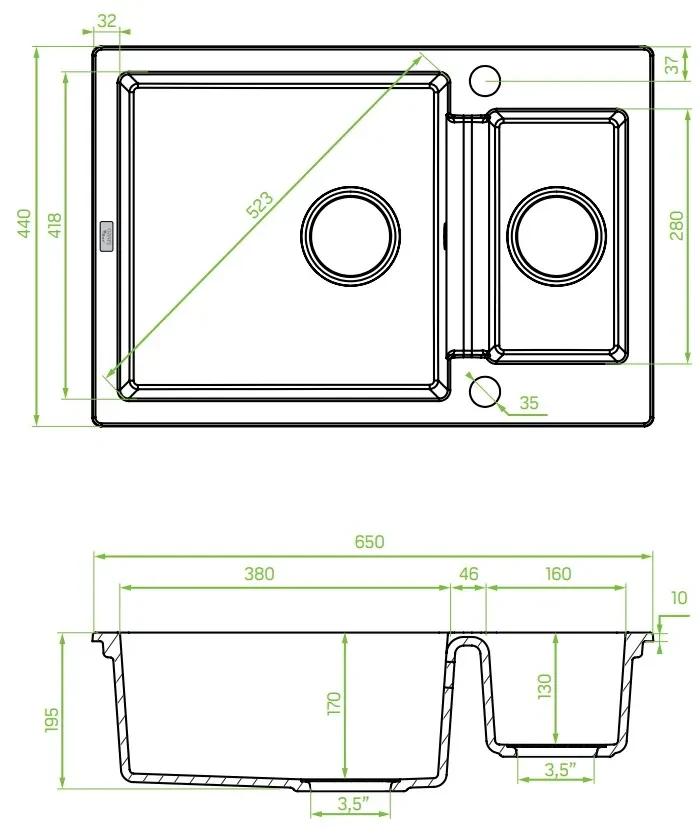 Laveo Celia, 1,5-komorový granitový drez 650x440x195 mm, šedá, LAV-SBC_530T