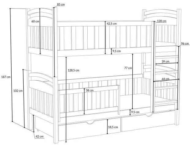 Detská poschodová posteľ z masívu borovice KRISTEN so šuplíkmi - 200x90 cm - PRÍRODNÁ BOROVICA