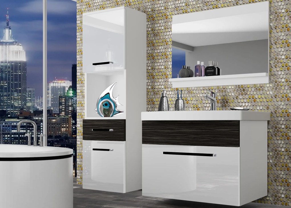 Kúpeľňový nábytok Belini biely lesk / eben kráľovský + umývadlo + zrkadlo ROD PM 3/0/W/WHK/0/ZW