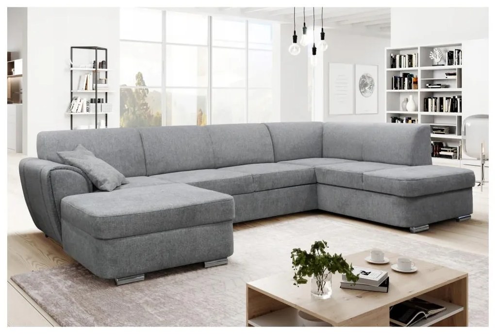 Rozkladacia rohová sedacia súprava s úložným priestorom do U SERPA pravá sivá