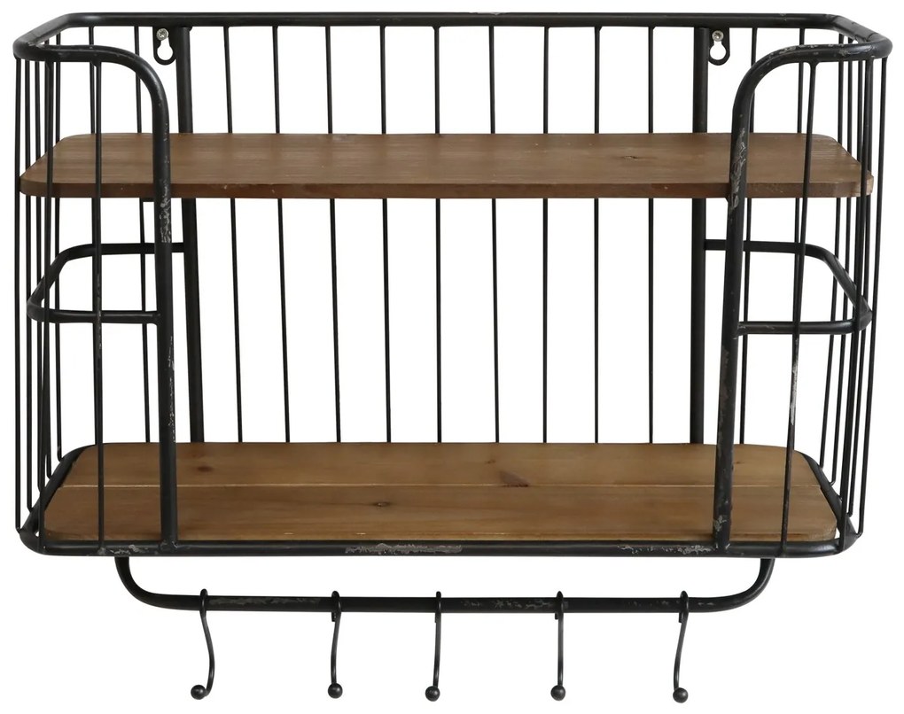 Čierna antik nástenná kovová polička s drevenými poličkami a háčikmi Old Shelf - 52*20*45cm