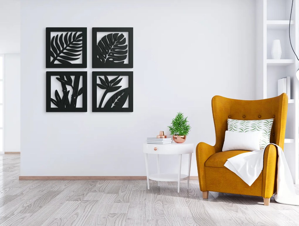 drevko 4-dielny drevený obraz Listy Rozmer obrazu: 44,5 x 45,5 cm, Farba dekorácie: Čierna