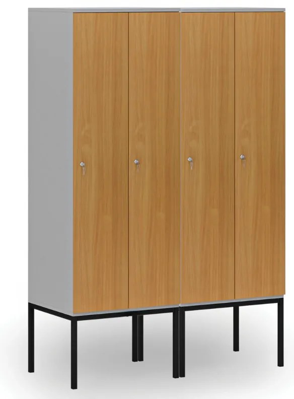 Drevená šatníková skrinka S4 s podnožou, 2 oddiely, 1871 x 600 x 500 mm, demont, cylindrický zámok, sivá/buk