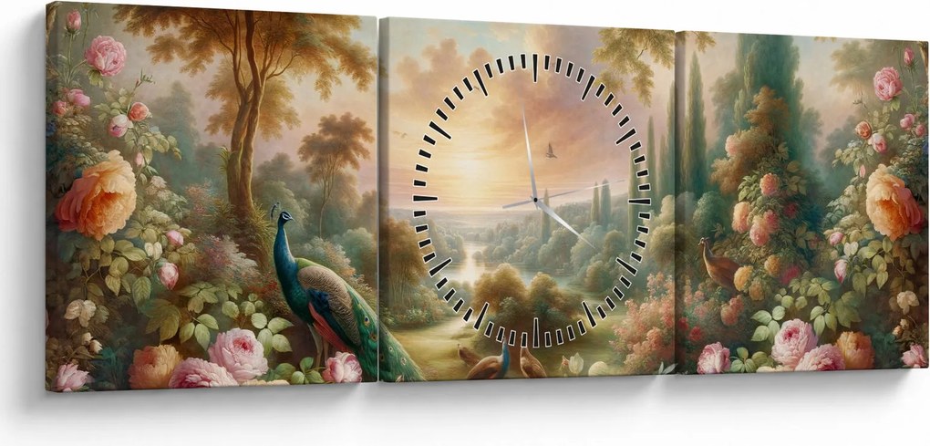 Obraz - Pávy v záhrade (s hodinami) (90x30 cm)
