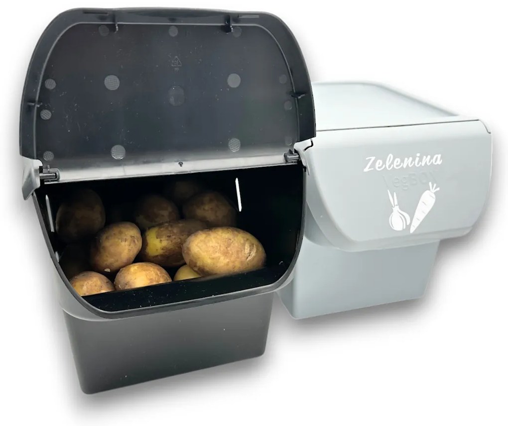 VILDE Sada 2ks úložných boxů VEGBOX na brambory a zeleninu s větráním, VEGBOX černý+šedý (14l )