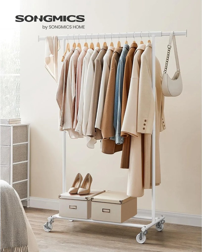 Stojan na šaty s kolieskami, nosnosť 100 kg, biely