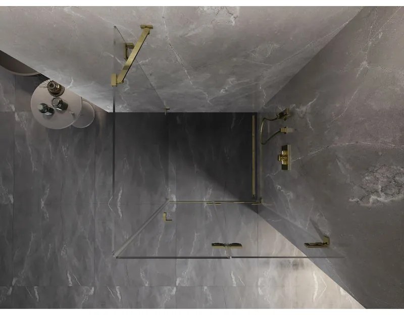 Mexen Lunar-F, 1-krídlový sprchový kút so skladacími dverami, pravý, 100 x 100 cm, 8mm číre sklo, zlatý lesklý profil, 836-100-100-50-00-P