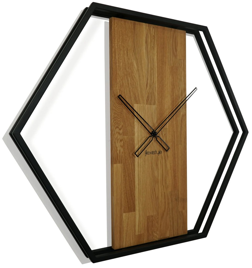 Dubové hodiny Loft Hexagon kovové 80cm, z231