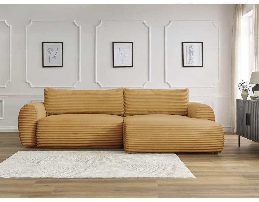 Menčestrová rozkladacia rohová pohovka v horčicovej farbe (pravý roh) Lucien – Bobochic Paris