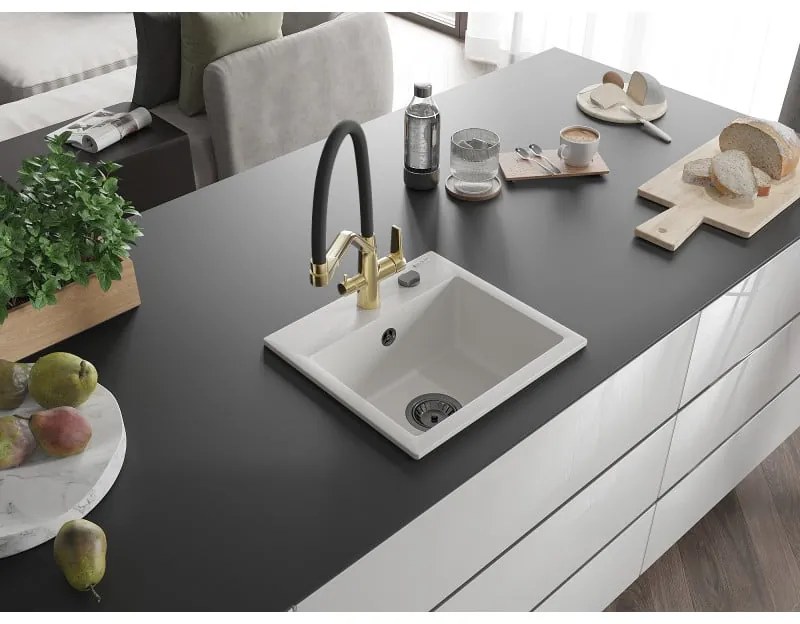 Mexen Milo, granitový drez 435x410x171 mm, 1-komorový a drezová batéria Duo, biela, 6505-20-671701-57-B
