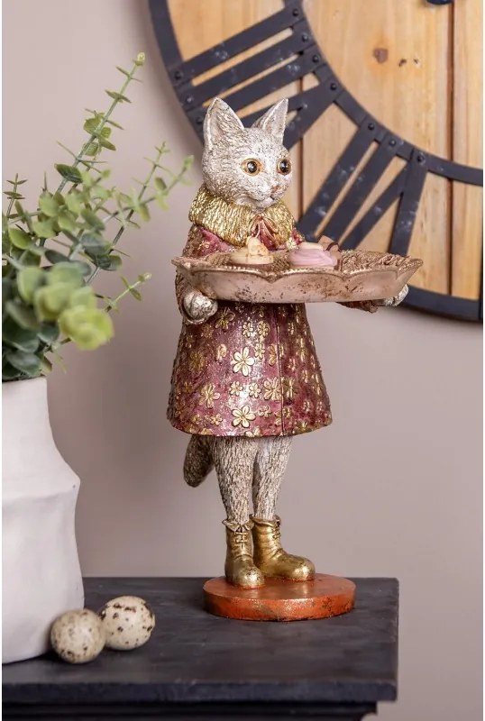 Dekorácia figúrka mačka s podnosom a zlatou patinou - 16*14*27 cm
