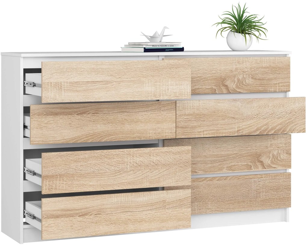 Komoda Kuba 160 cm 8 šuplíků bílá/dub sonoma
