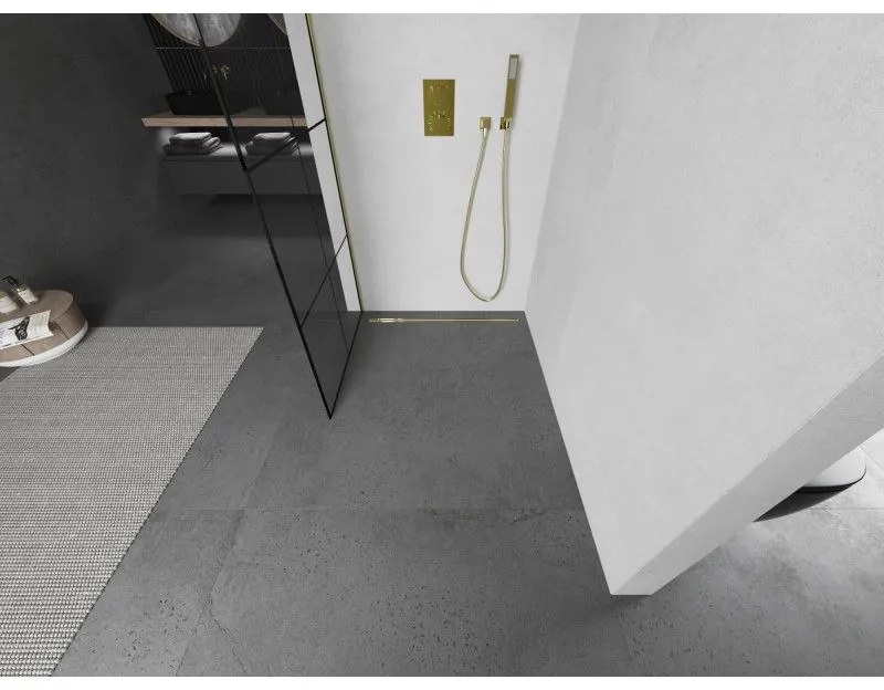 Mexen Kioto L, sprchová zástena Walk-In 90 x 200 cm, 8mm číre sklo čierny vzor, zlatý lesklý profil,800-090-103-50-77