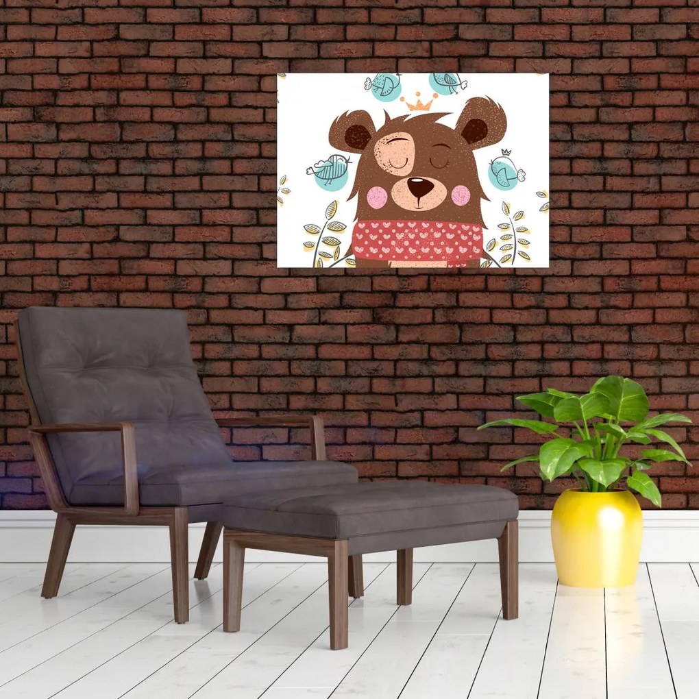 Sklenený obraz - Medvedík s vtáčikmi (70x50 cm)
